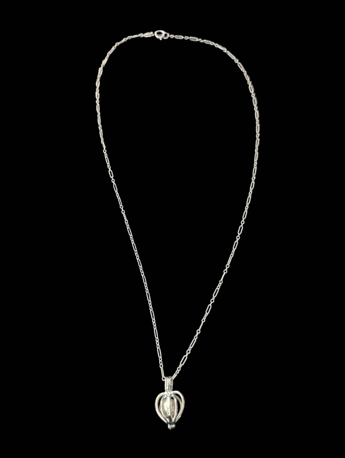 925 Sterling Rhodium Plated Caged Glass Pearl 21.3mm Pendant 17.5″ Chain