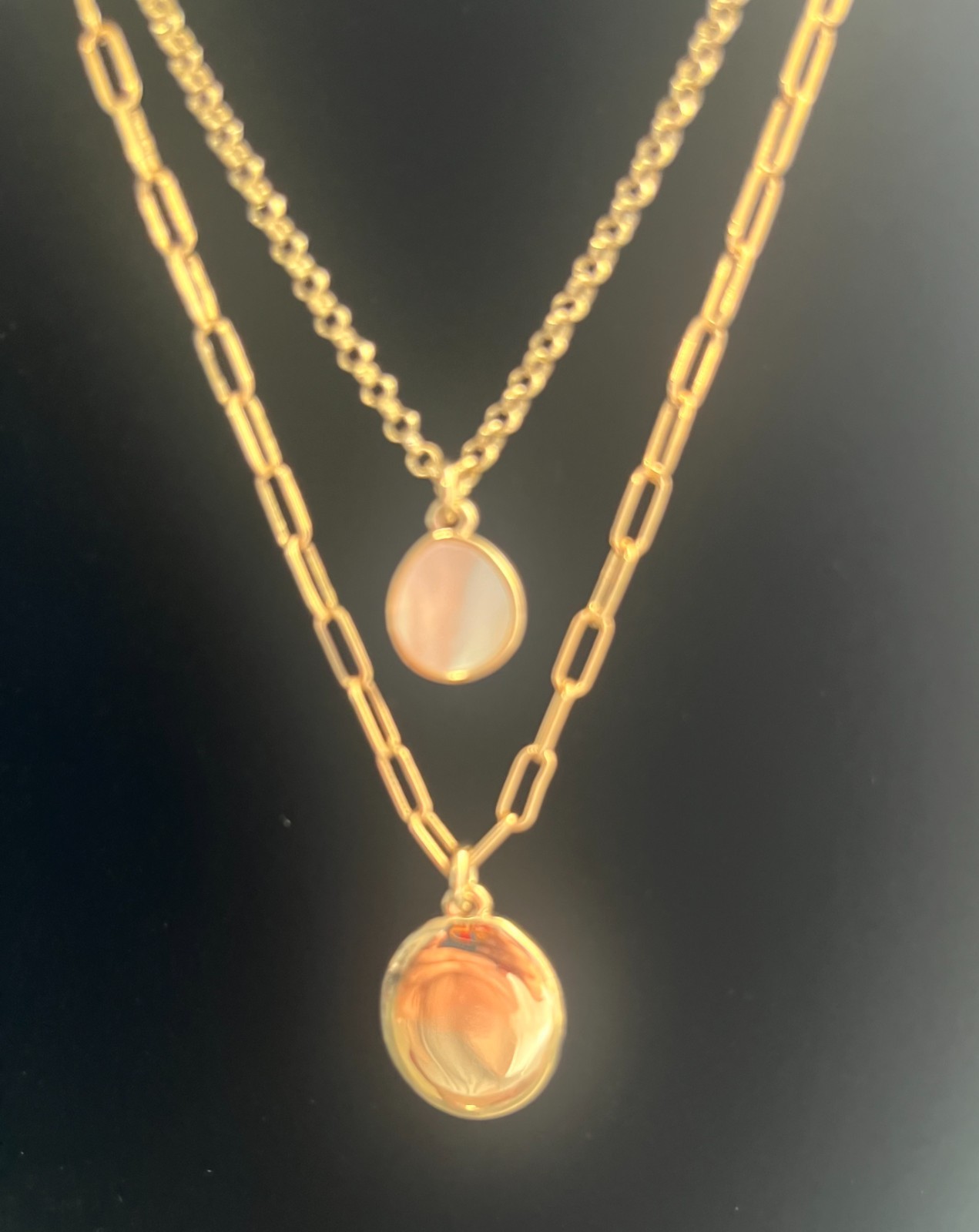 J.Crew Double Strand Layered Necklace Gold Tone Mother of Pearl Disc Coin Signed