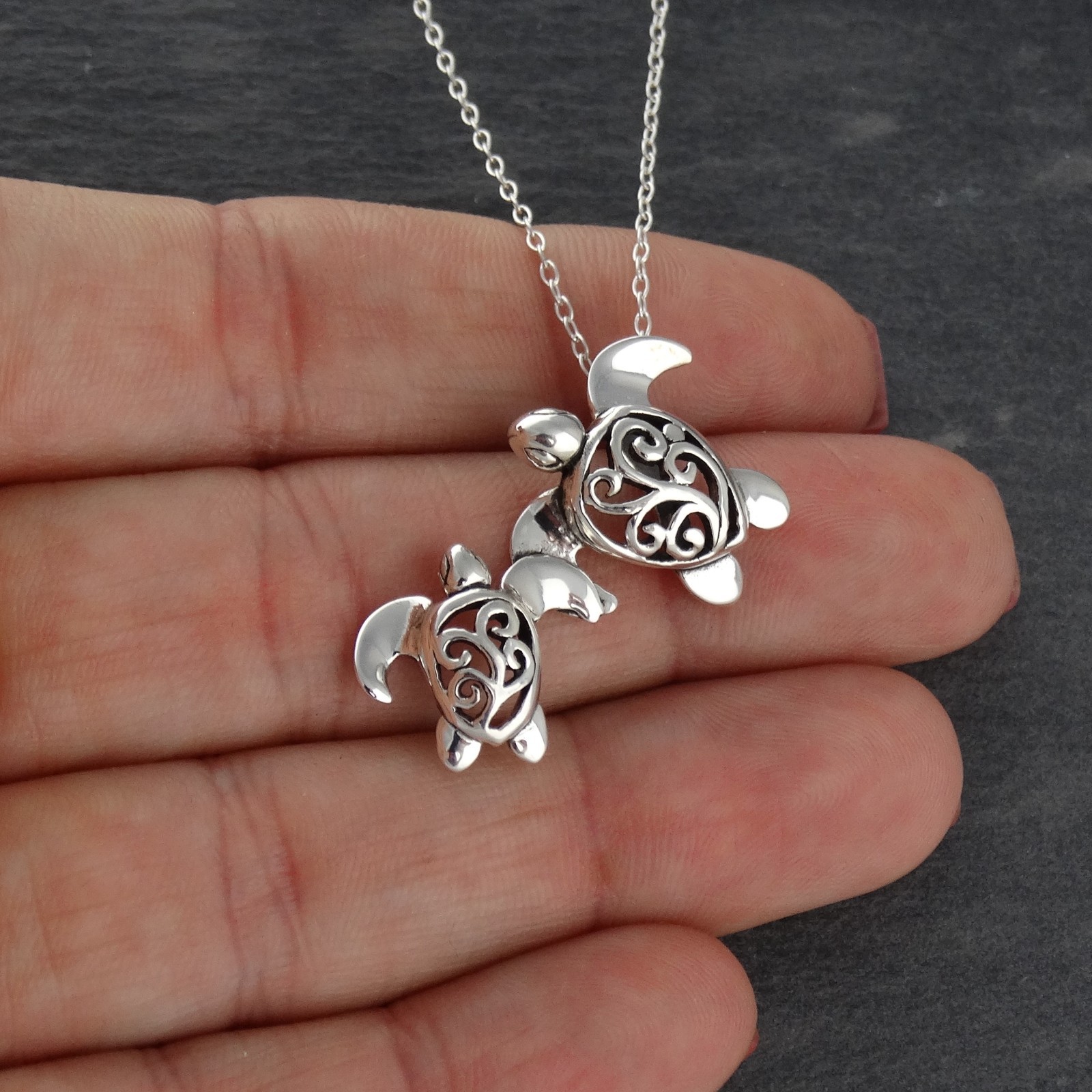 3D Sea Turtles Necklace – 925 Sterling Silver – Filigree Pendant Ocean Turtle