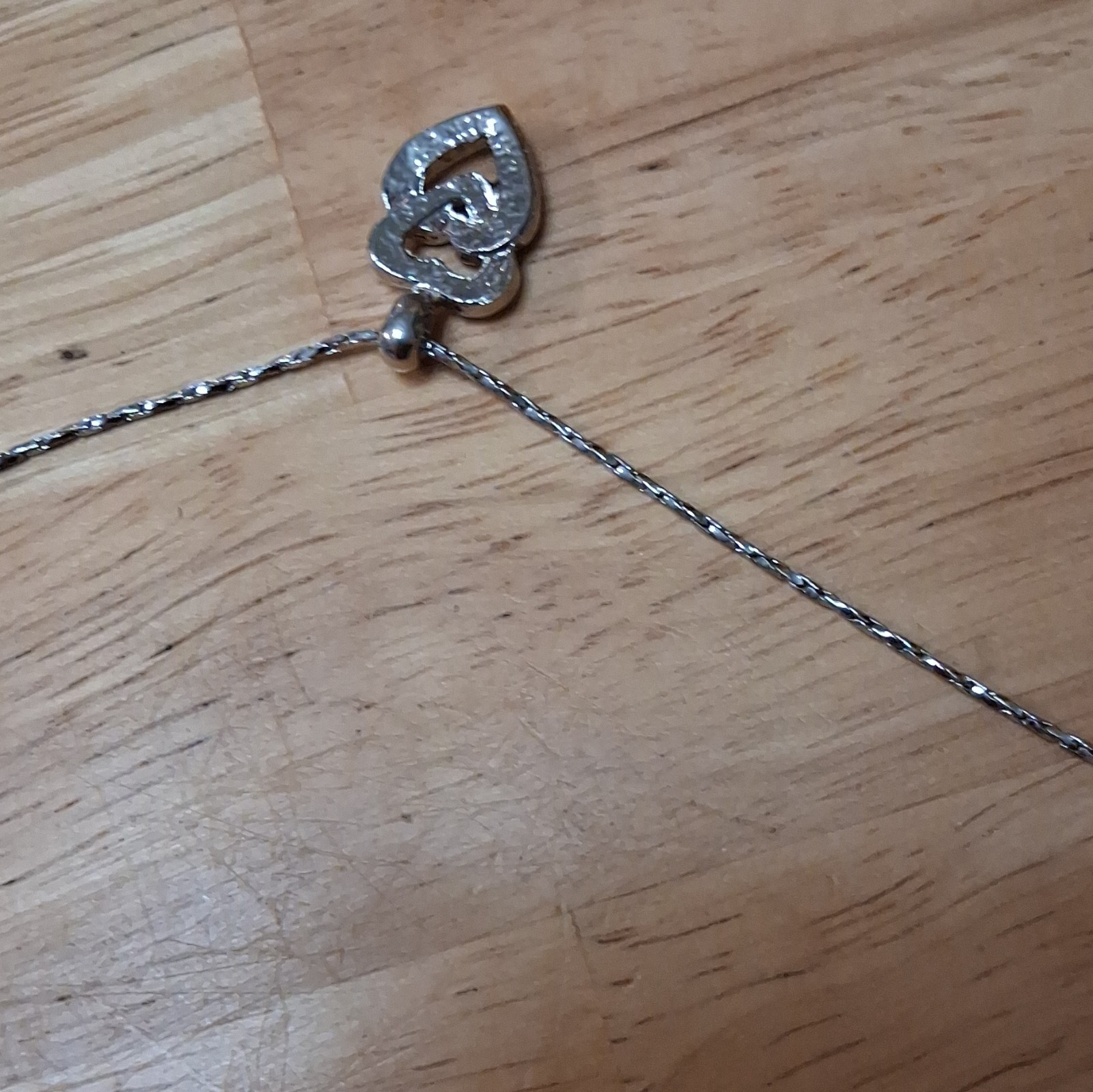 Silver Tone Snake Chain Necklace Double Heart Charm Pendant Clear Pavé Stones