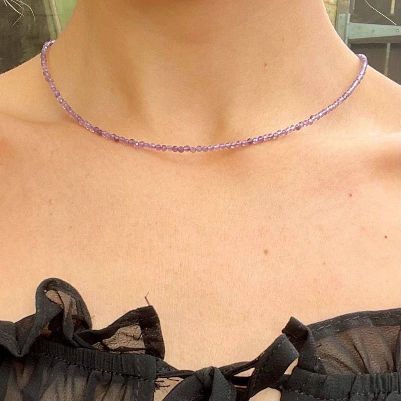 Amethyst 2mm Crystal Gemstone Faceted Beads Minimalist Dainty Choker Necklace