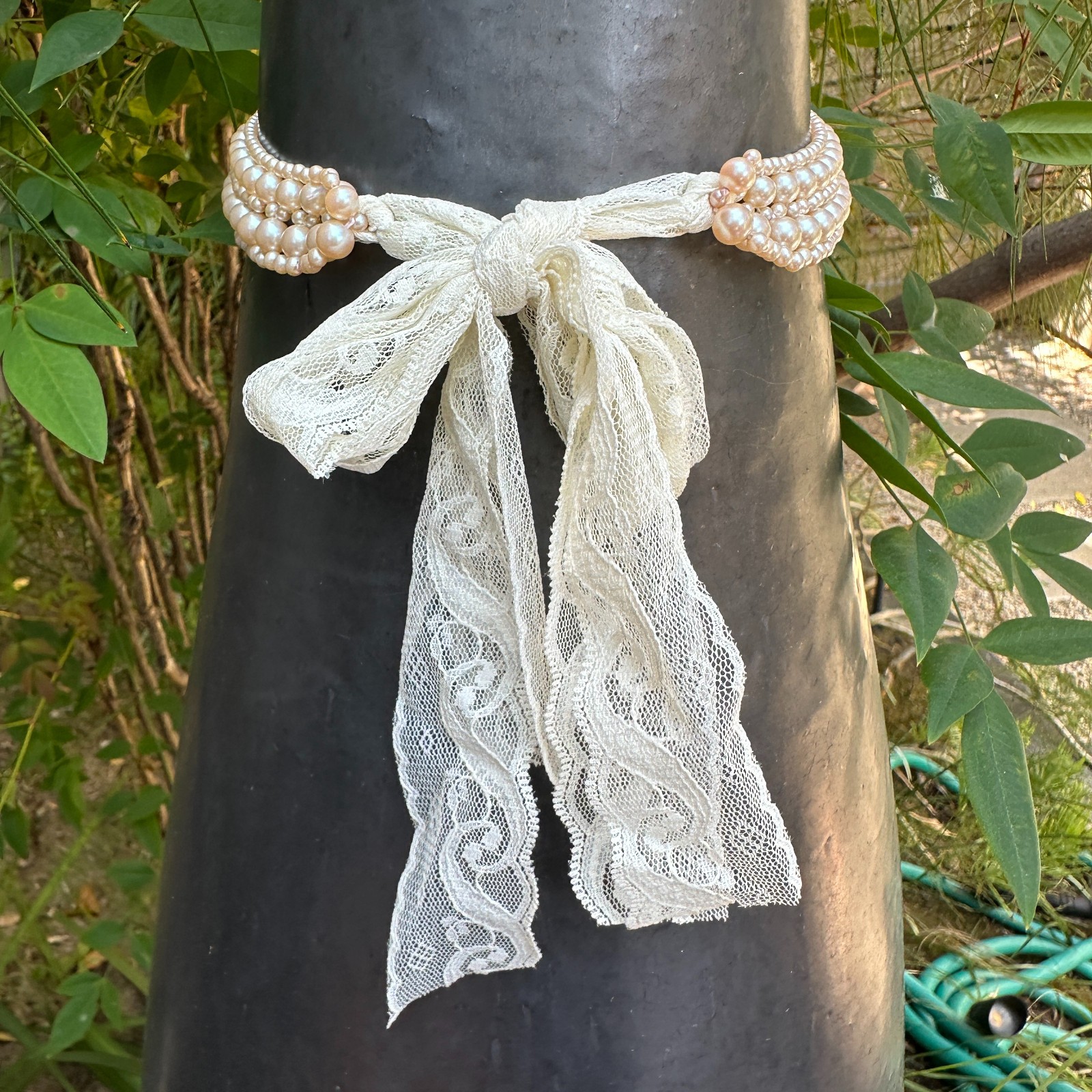 Woven 5-Row Faux Pearl Collar Necklace with Soft, Frothy Vintage Lace Ties