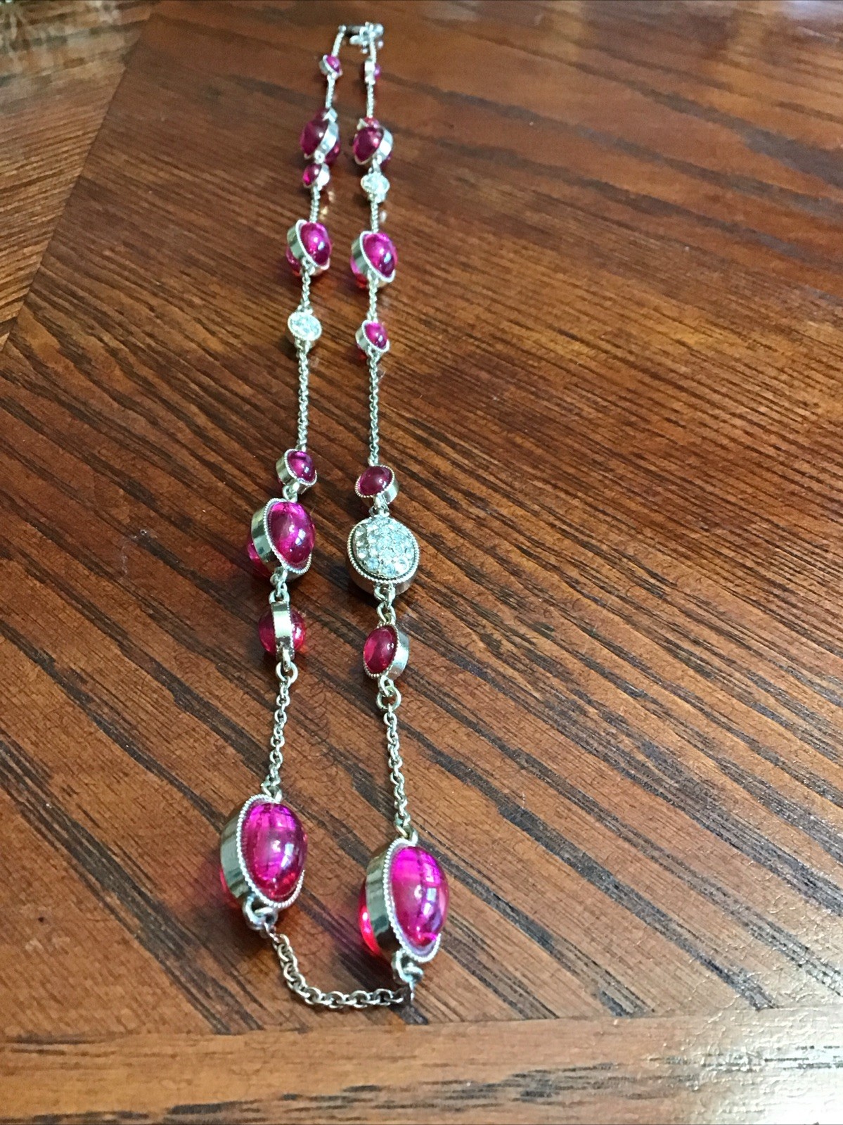 Beautiful 3 Demential Pink Cabochon and Pave Gold Tone Necklace ￼