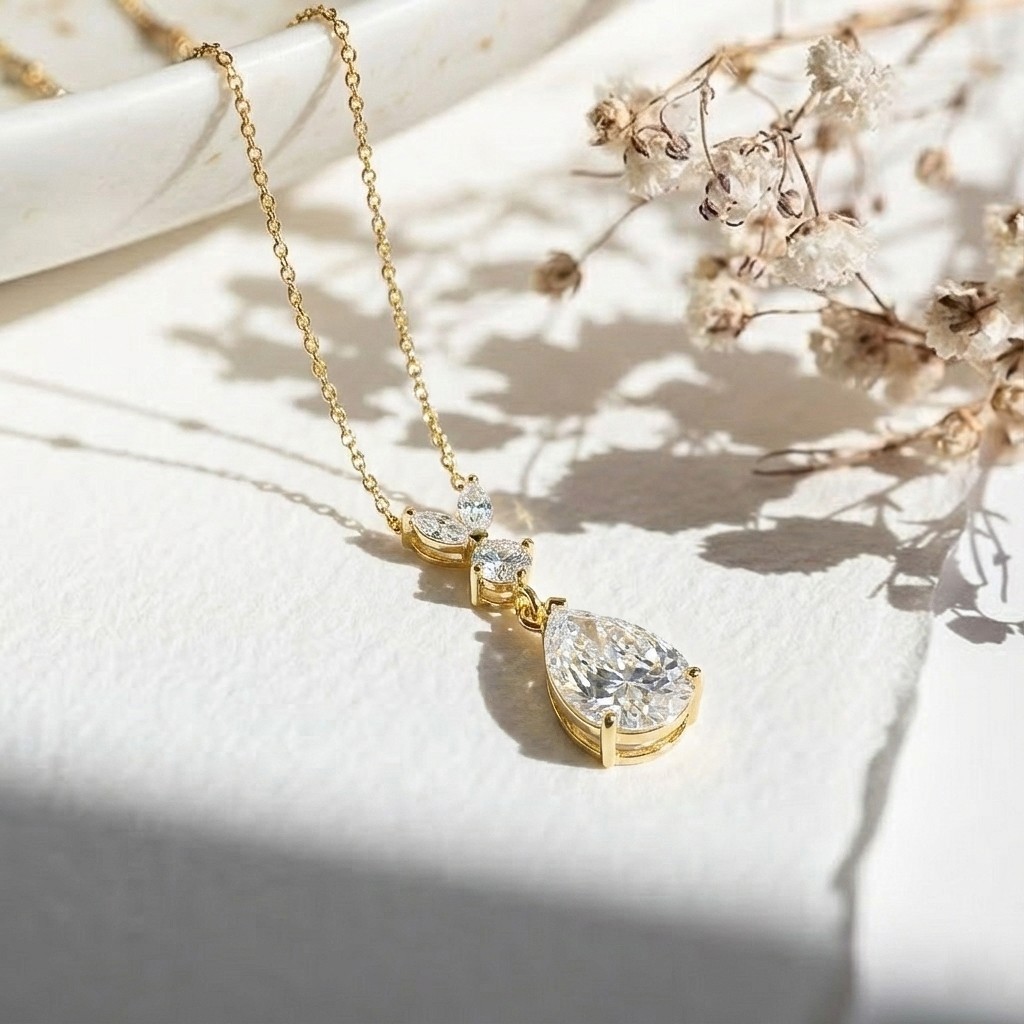 Simulated Diamond Pendant Necklace Pear Cut Gold, CZ Teardrop Necklace