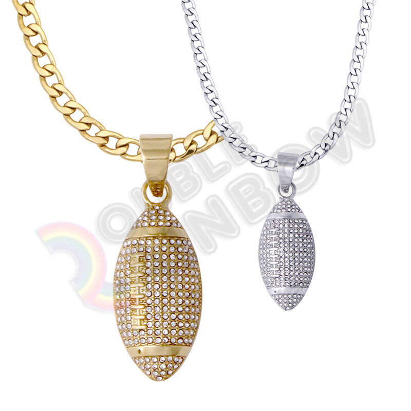 Hip-Hop Football Sports Stainless Steel CZ Pendant Necklace 6mm Cuban Chain*P159