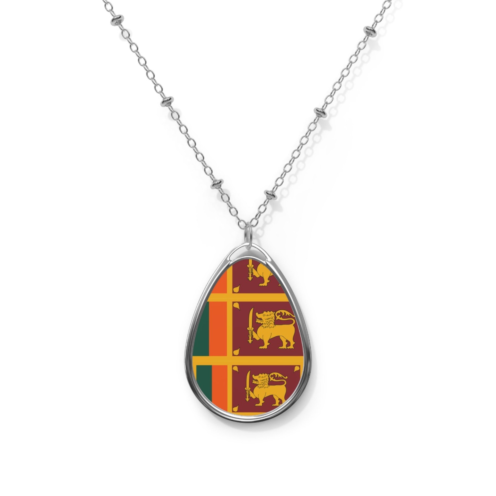 Sri Lanka Flag Oval Necklace – Zinc Alloy Pendant – One Size / Silver