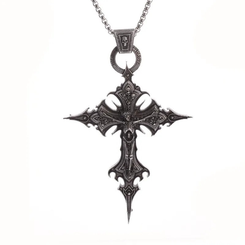 Gothic Skull Cross Pendant Necklace Jesus Crucifix Punk Catholic Jewelry