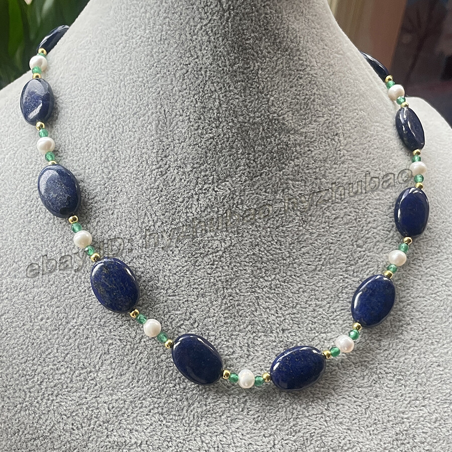 14-36″ 13x18mm Oval Blue Lapis Lazuli &White Pearl &Green Emerald Beads Necklace
