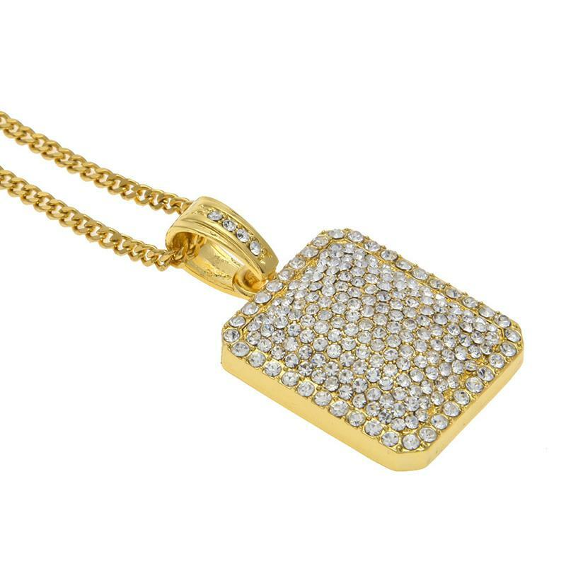 Hip Hop Gold PT Iced Dog Tag Pendant & 4mm 18″ 20″ 24″ Cuban Link Chain Necklace