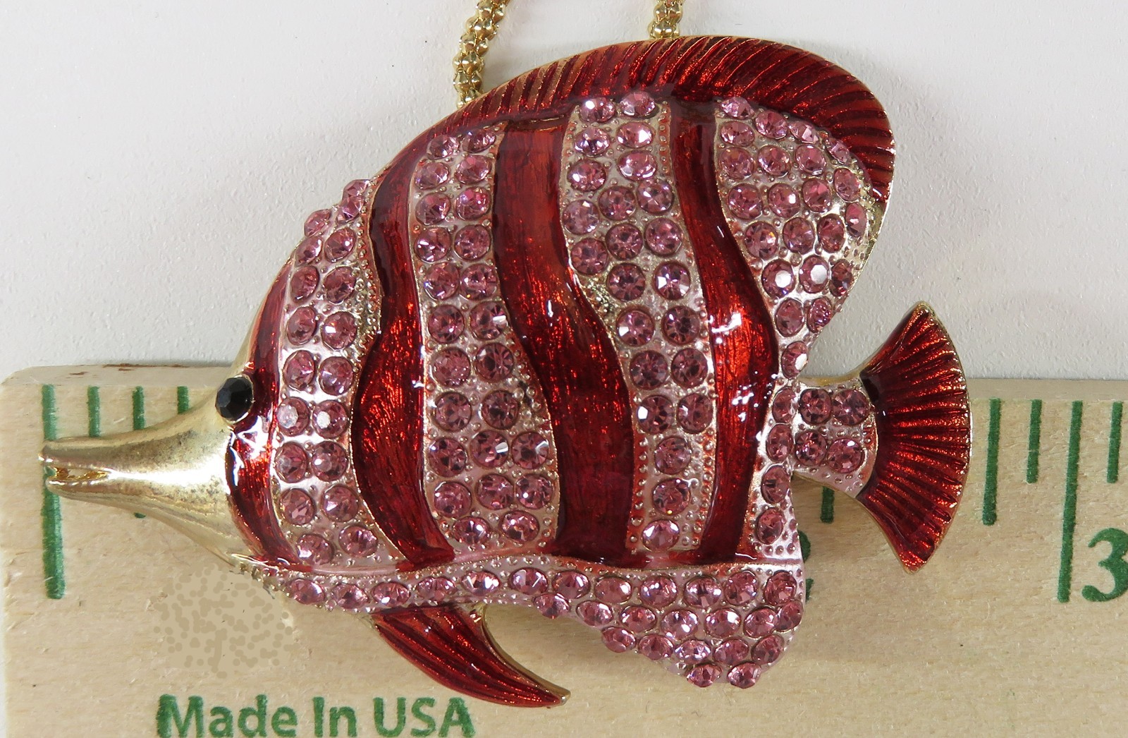 NWT-Betsey Johnson Pink & Red Striped AngelFish Pendant Brooch Goldtone Necklace
