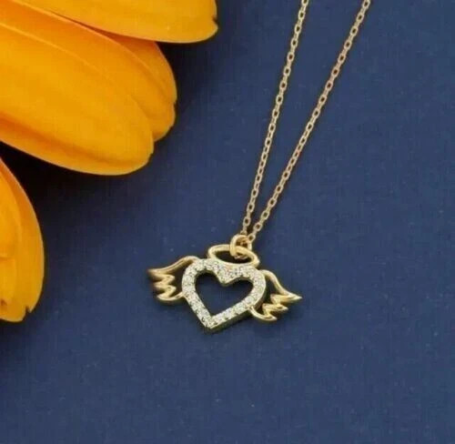 Women Heart Wing Pendant Necklace Round Simulated Diamond 14K Yellow Gold Plated