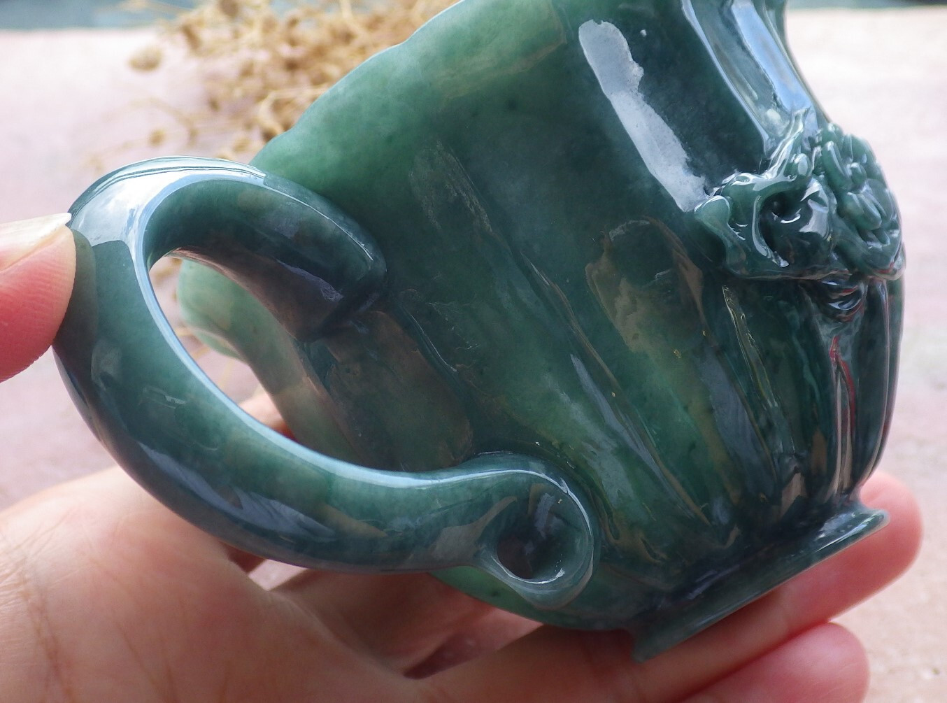 Video Certified Green A Jade jadeite Display Flower Cup Jewelly Box 670335 AS