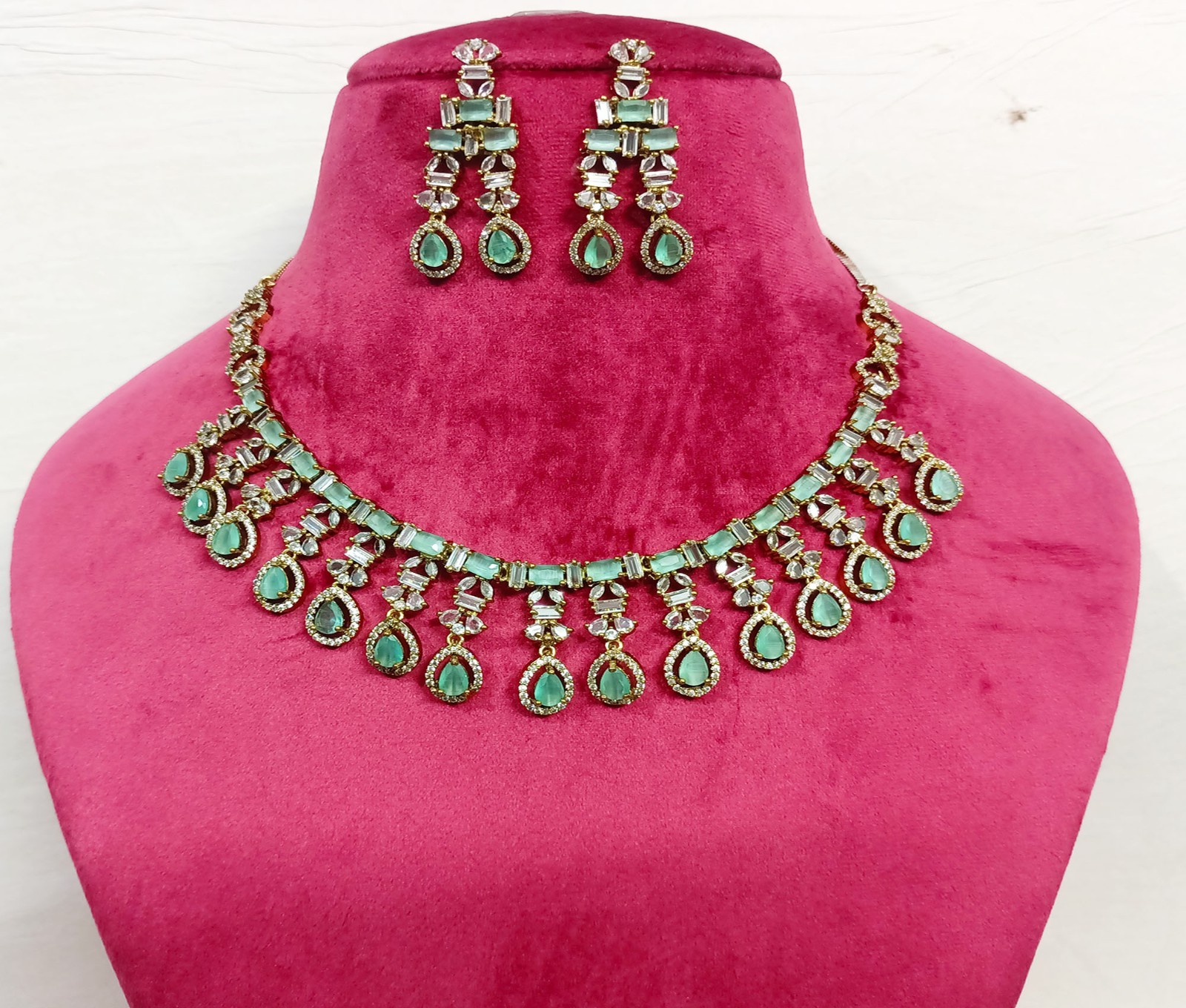 Mint Bridal CZ Necklace Earring Antique Plated Party Wear Wedding Choker Jewelry