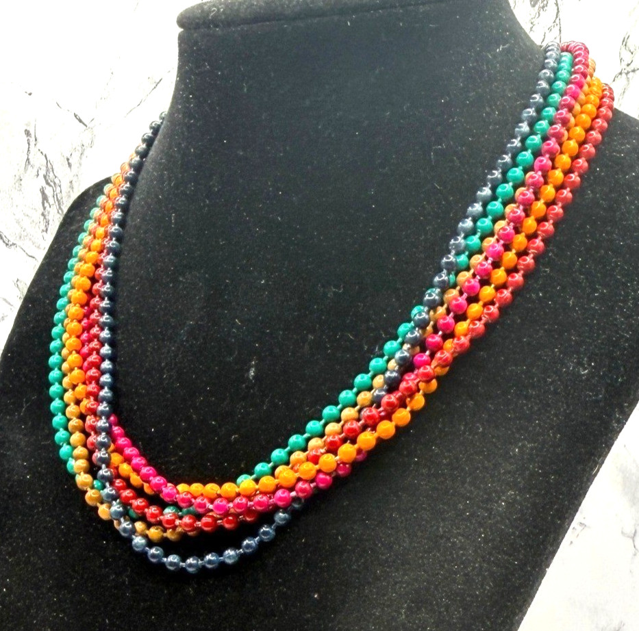 Vintage Multi Strand Beaded Necklace Multicolor Glass Look 15″ Festival Jewelry
