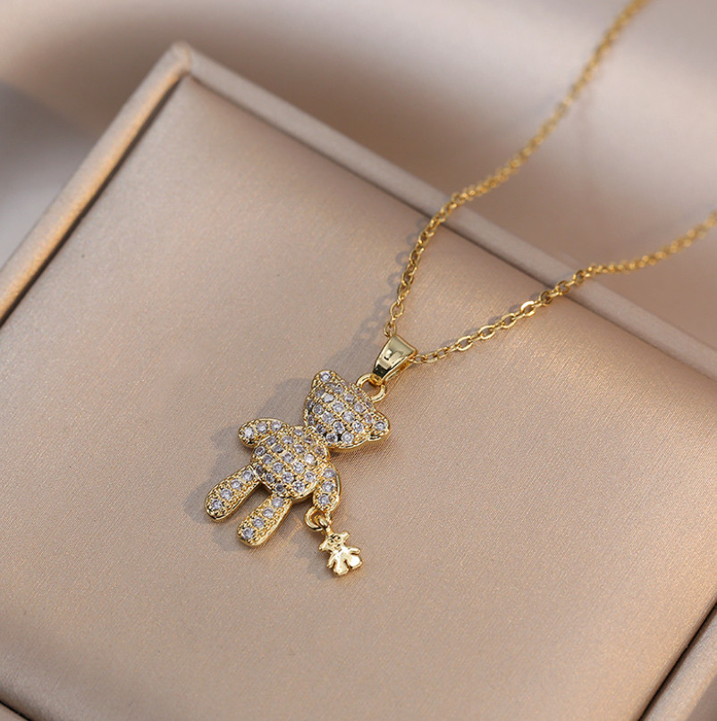 Titanium Gold Double Teddy Bear Pave Cubic Zirconia Pendant Chain Necklace