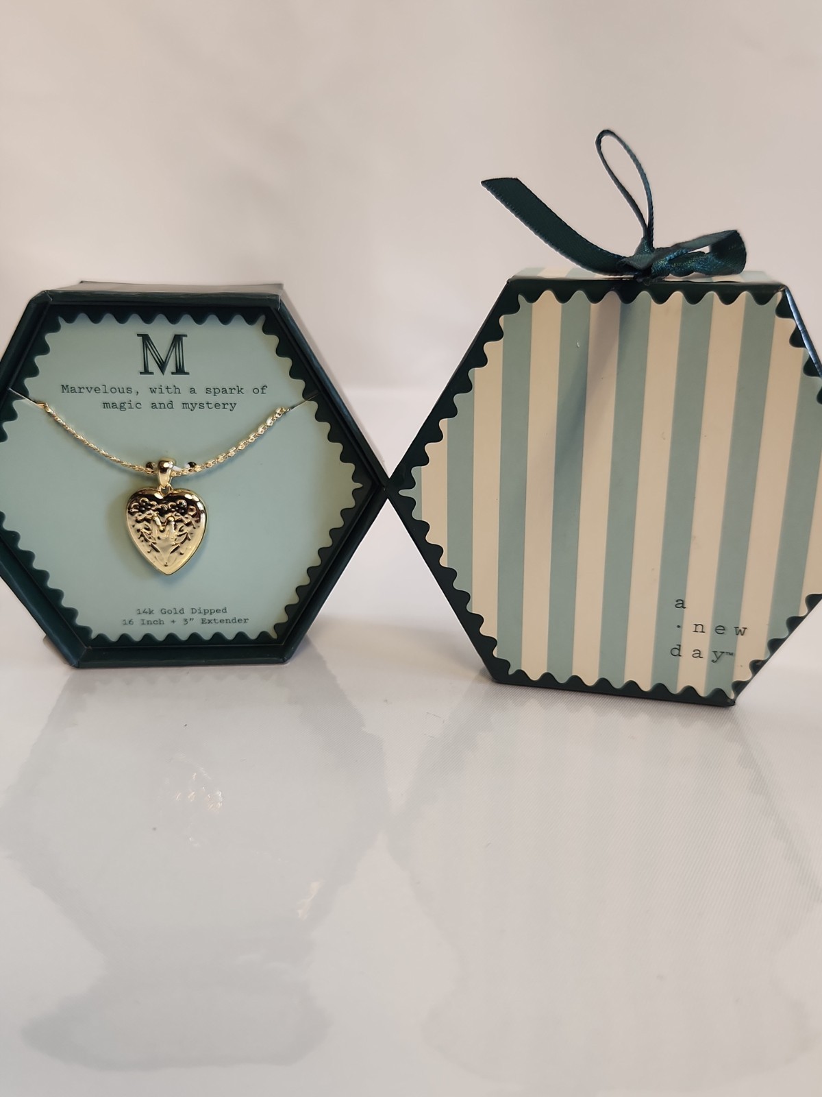 A New Day 14k Gold Dipped Initial M Heart Locket Necklace Floral Engraved Boxed
