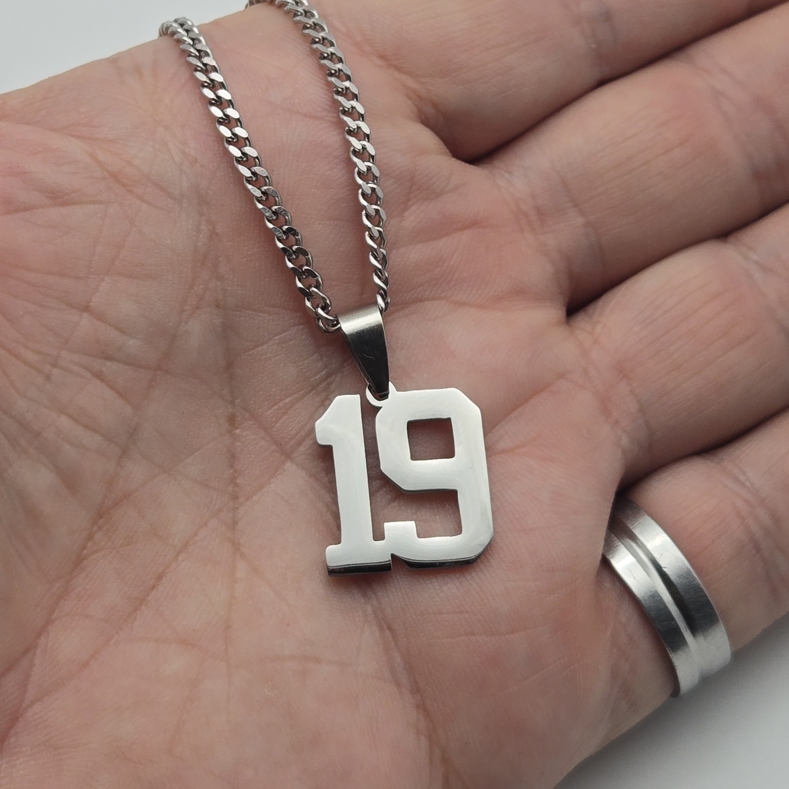 #19 BASEBALL FOOTBALL NUMBER Pendant Charm / 18″-24″ STAINLESS CHAIN NECKLACE
