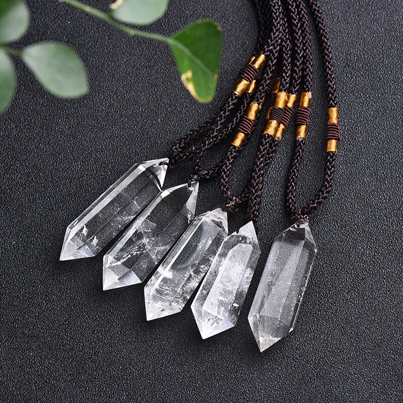 White Colorless Quartz Crystal Hexagonal Point Pendant Healing Amulet Necklace