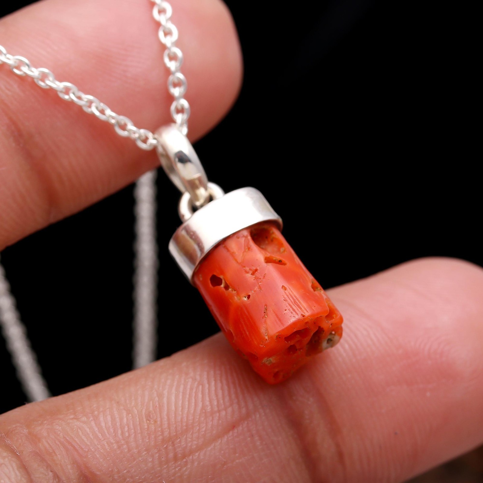 100% Natural Italian Red Coral Rough Chain Pendant 925 Sterling Silver Jewelry