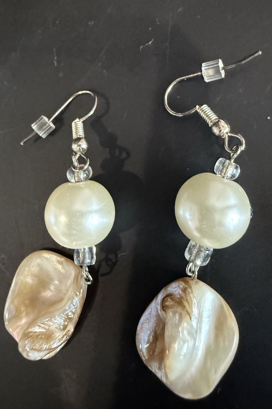 Fashion Layered Necklace & Earrings Abalone & Faux Pearl Silver Tone 54” Boho