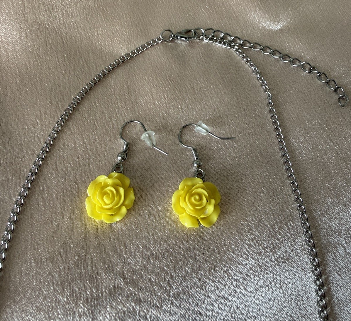 Sunflower Rose Charm Necklace & Earrings Set Yellow Flower Silver Tone Jewelry