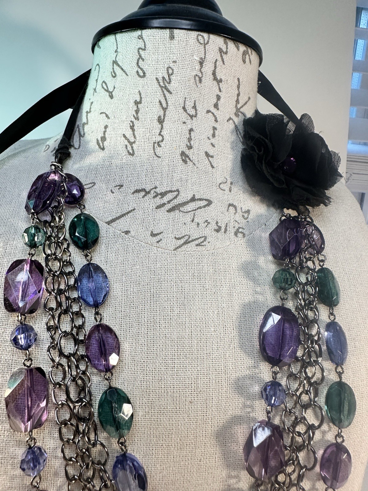 Elegant Multi-Strand Faceted Purple & Teal Beaded Necklace Statement Jewelry