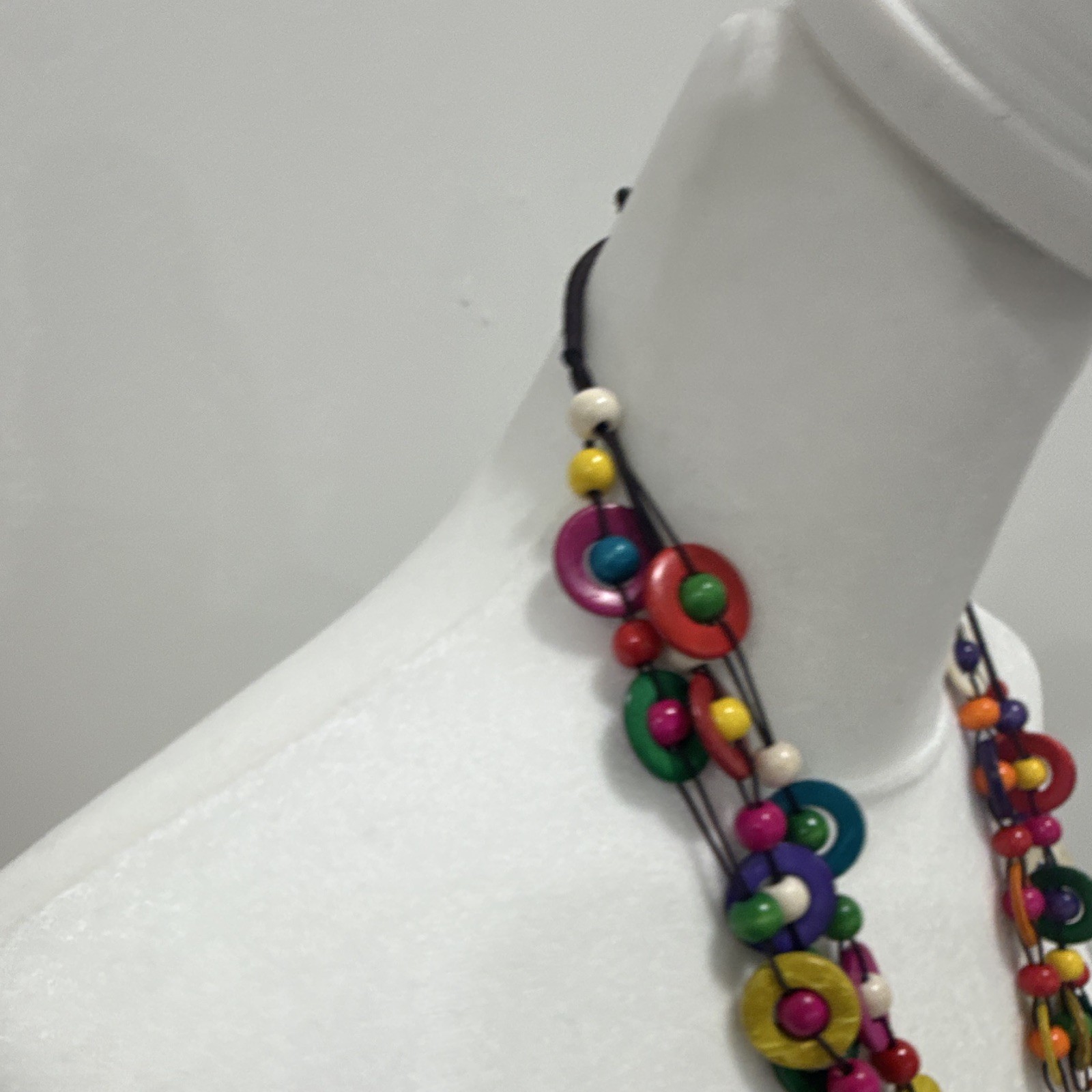 Multicolor Wood Beaded Statement Necklace Donut Pendant Cord Adjustable Slip