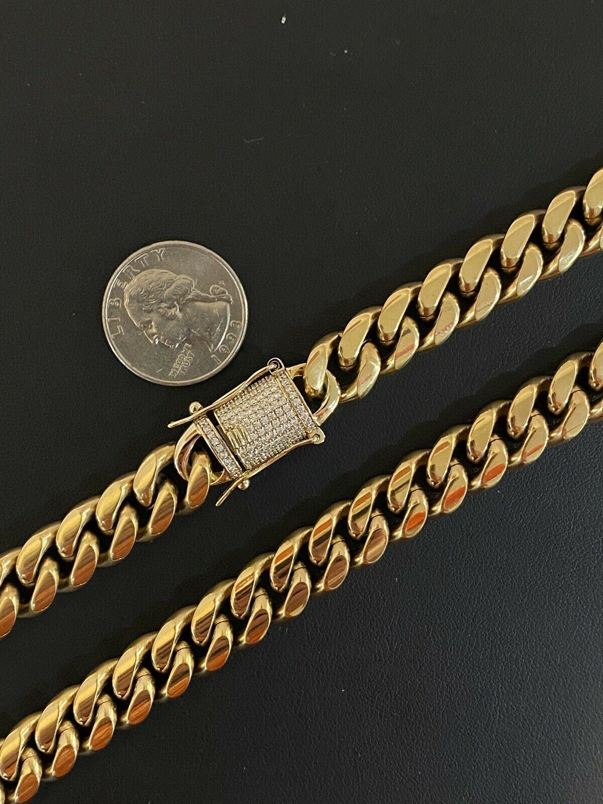 Mens Miami Cuban Chain 14k Gold Plated SS Choker Simulated Diamond Box Lock 18″