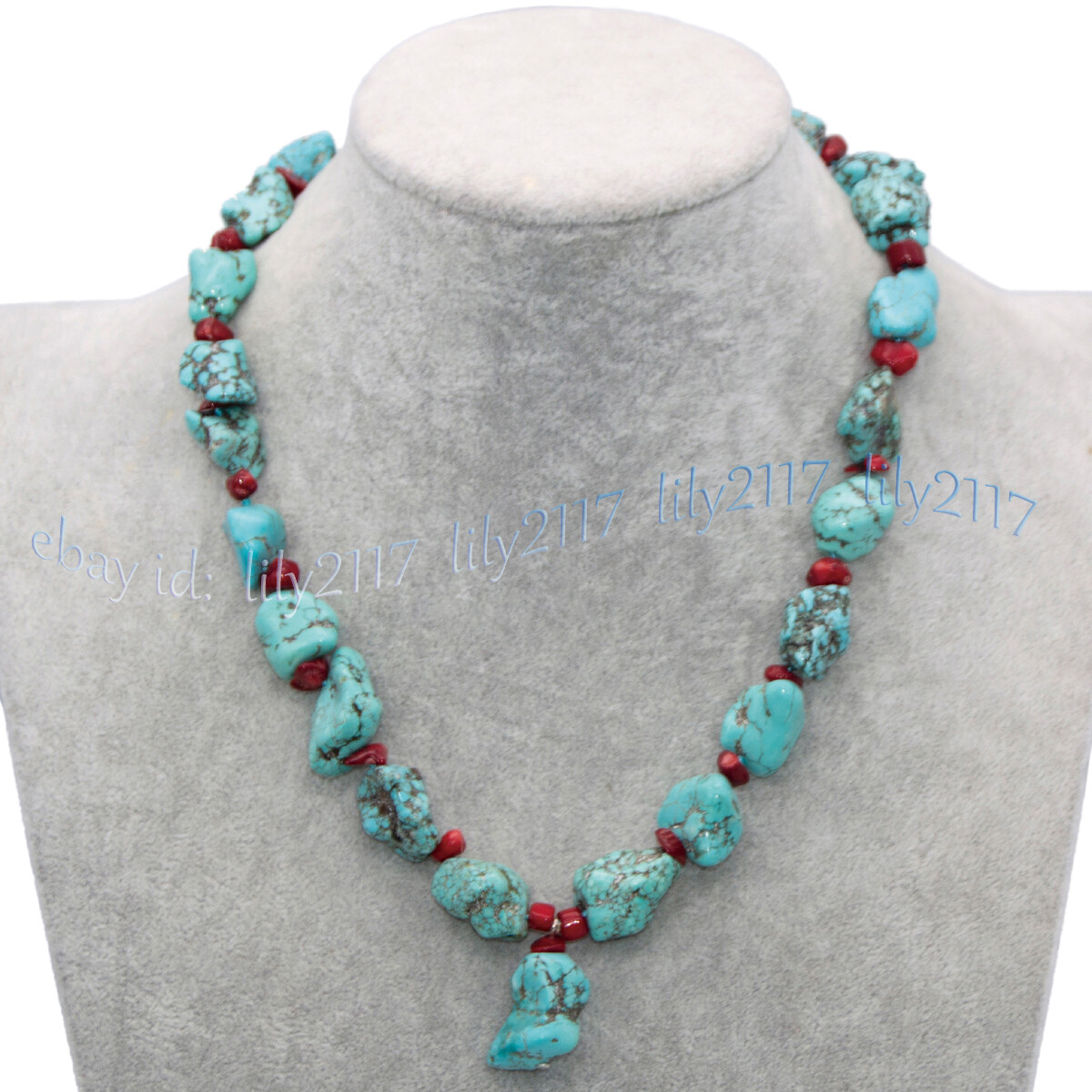 Natural Red Coral Chip 10-15mm Irregular Turquoise Gems Pendant Necklace 18”