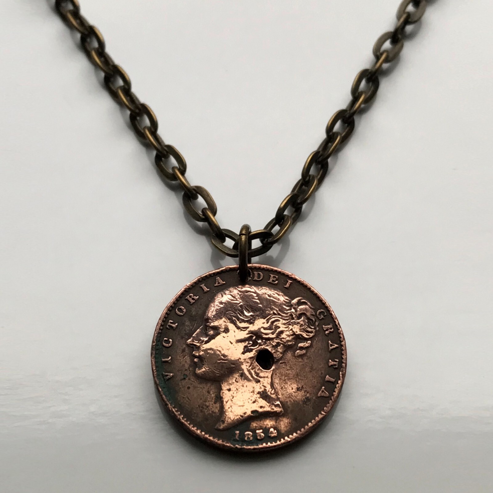1854 United Kingdom Farthing coin pendant British Queen Victoria London n002237
