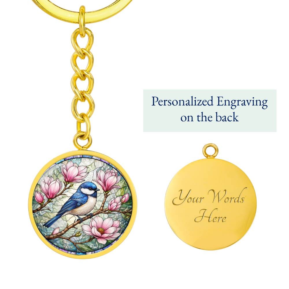 Bluebird Floral Engraved Necklace Bracelet or Keychain