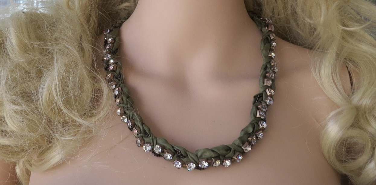 J Crew braided clear rhinestone olive ribbon black bead adjustable dress up/down
