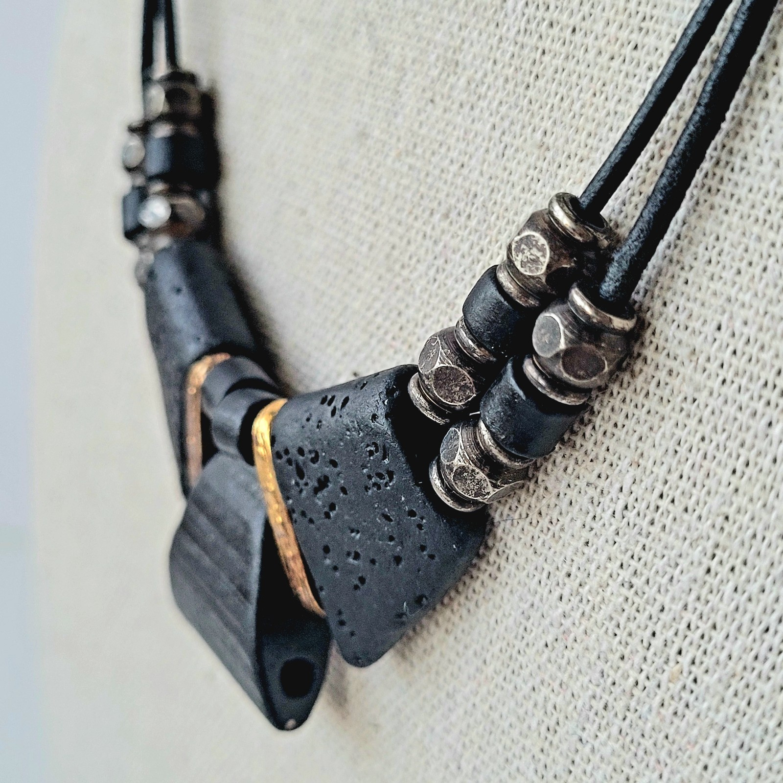 Lava Rock And Brass Accent Black Geometric Modernist Choker Collar Necklace