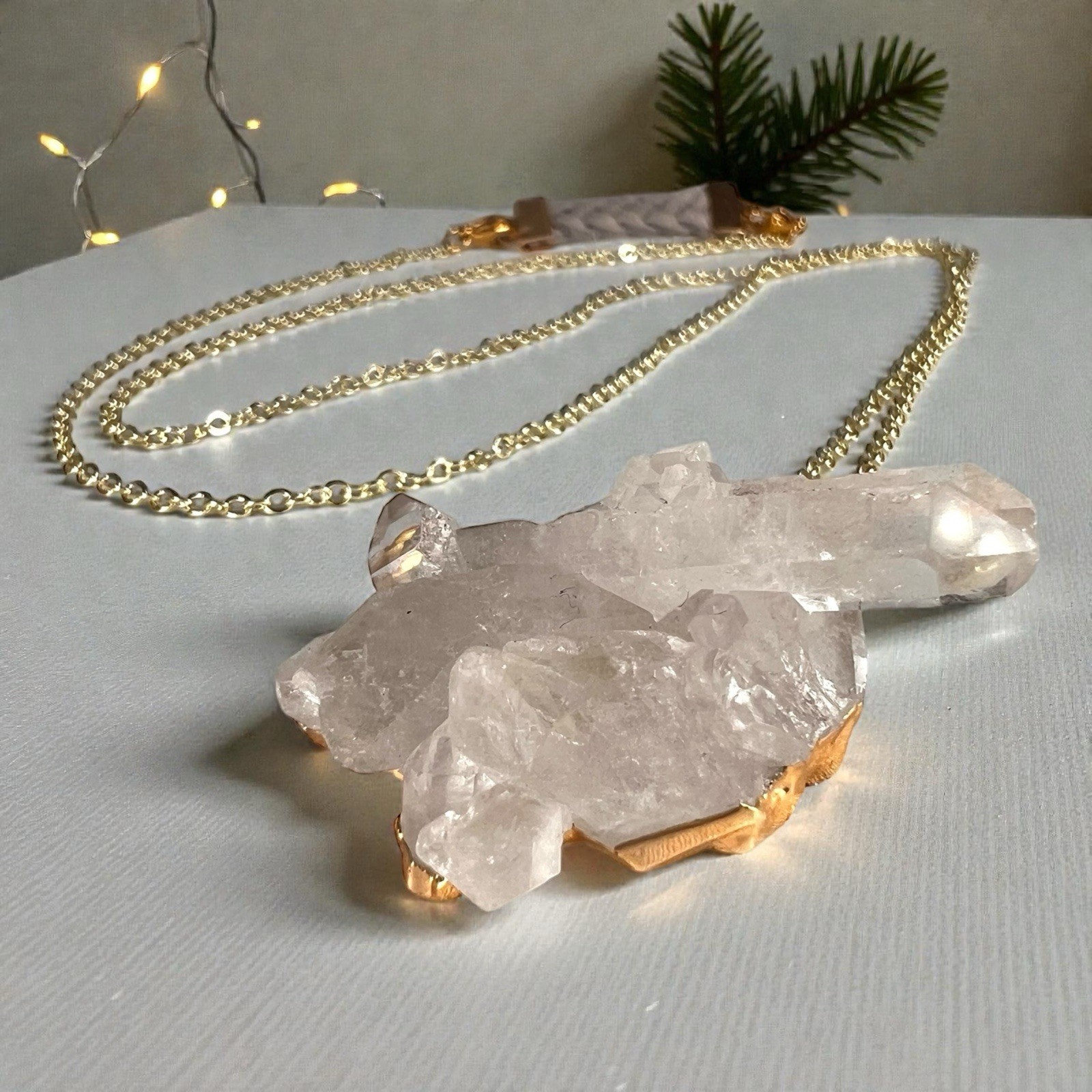 Semi Clear Quartz Cluster Pendant Necklace with a Gold-Toned Chain 32”