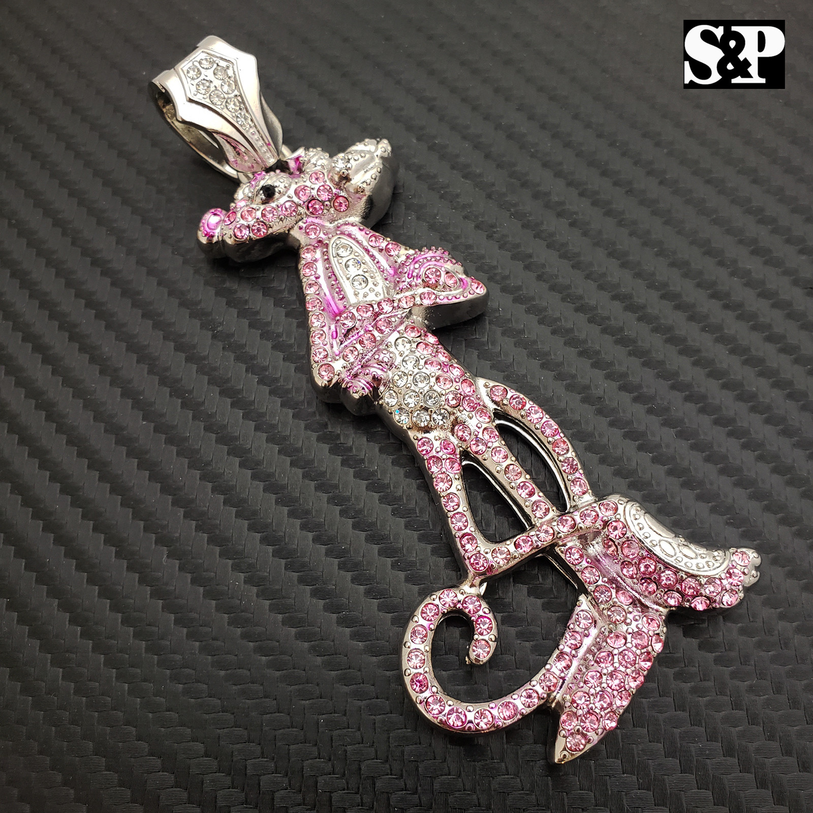 PINK PANTHER HIP HOP ICED WHITE GOLD PLATED CUBIC ZIRCONIA LARGE BLING PENDANT