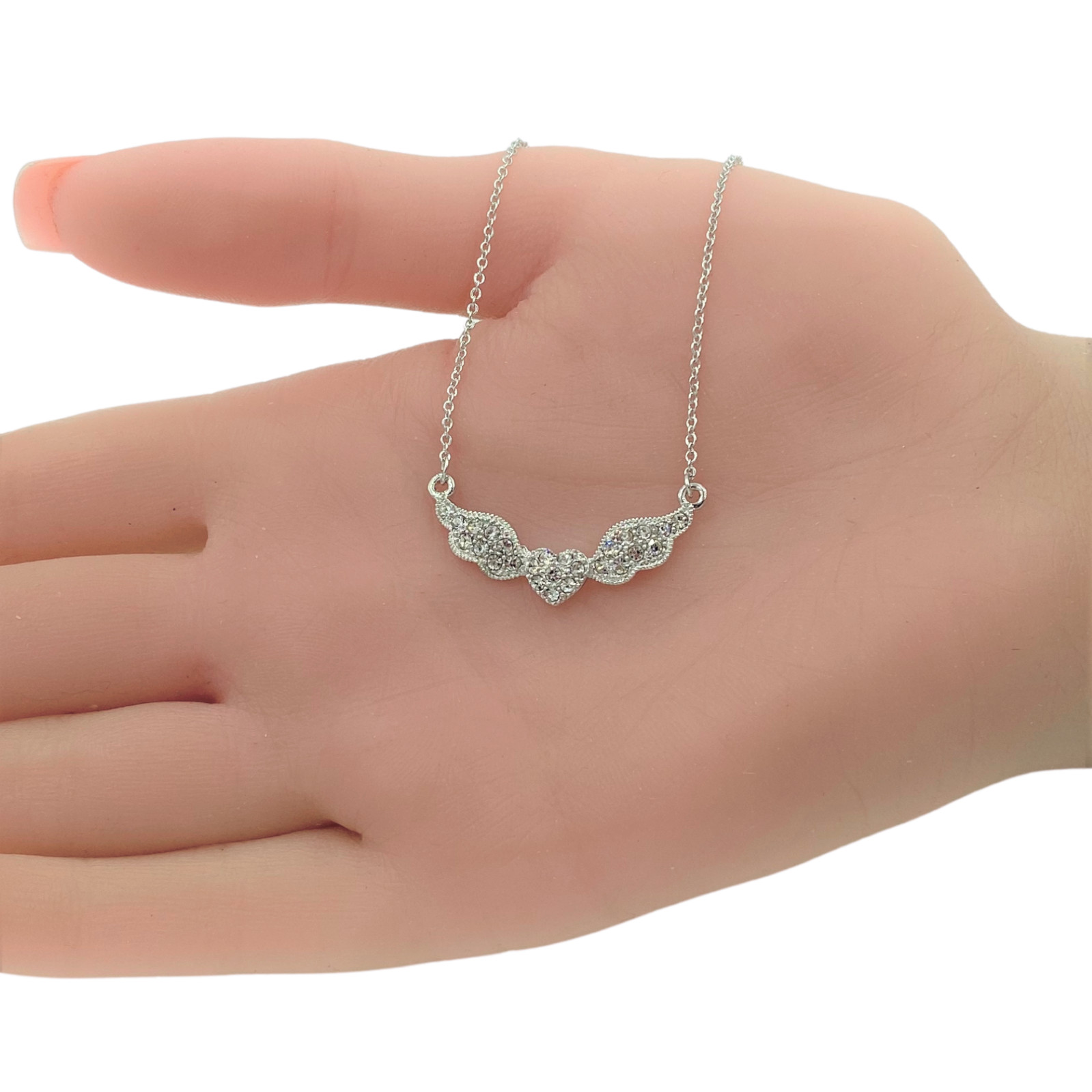 Crystal Heart and Wings Pendant Necklace White Gold