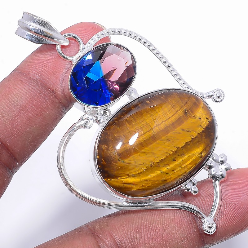 Yellow Tiger Eye& Bi Color Tourmaline 925 Silver Plated Pendant 2.73″ T2720