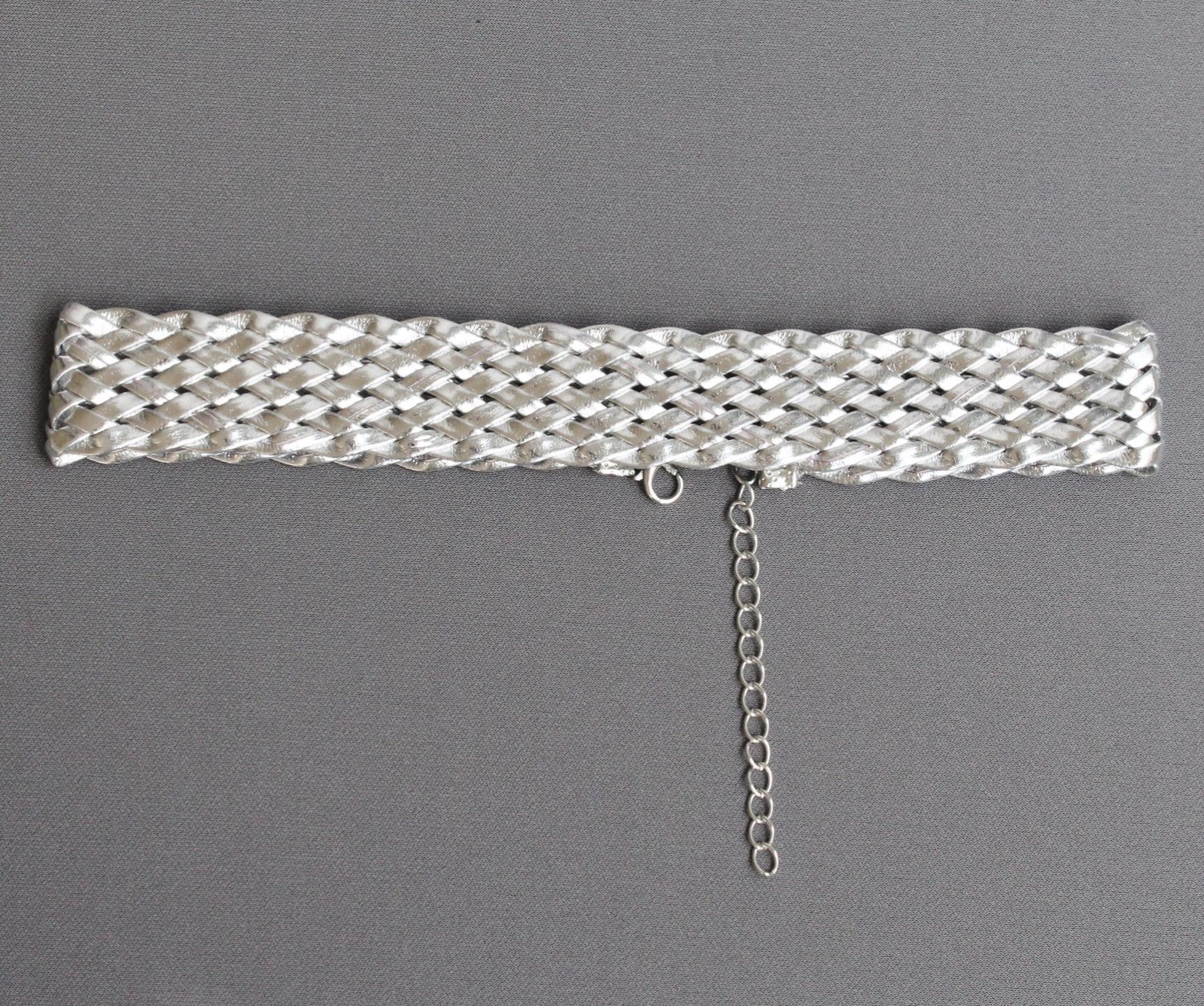 Silver faux leather choker woven necklace adjustable wide choker collar 13-15.5″