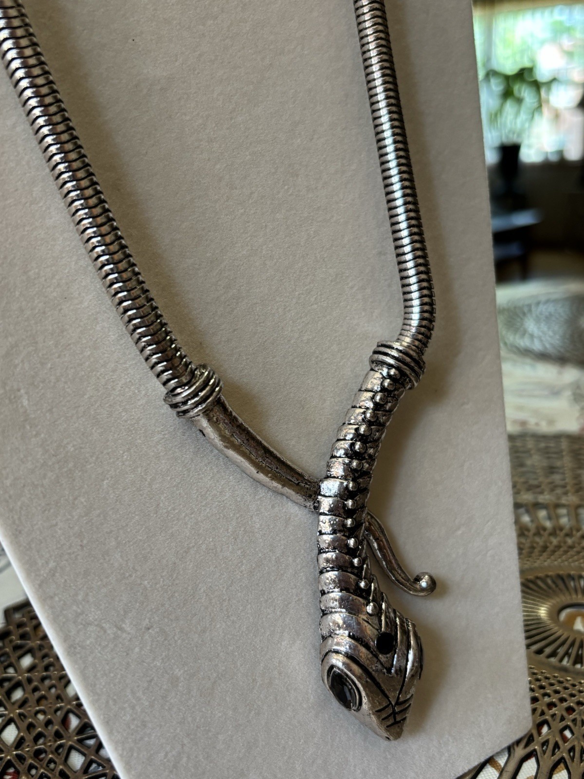 Silver Plated Snake Pendant Necklace Gray Marquise Crystal Eyes Adjustable