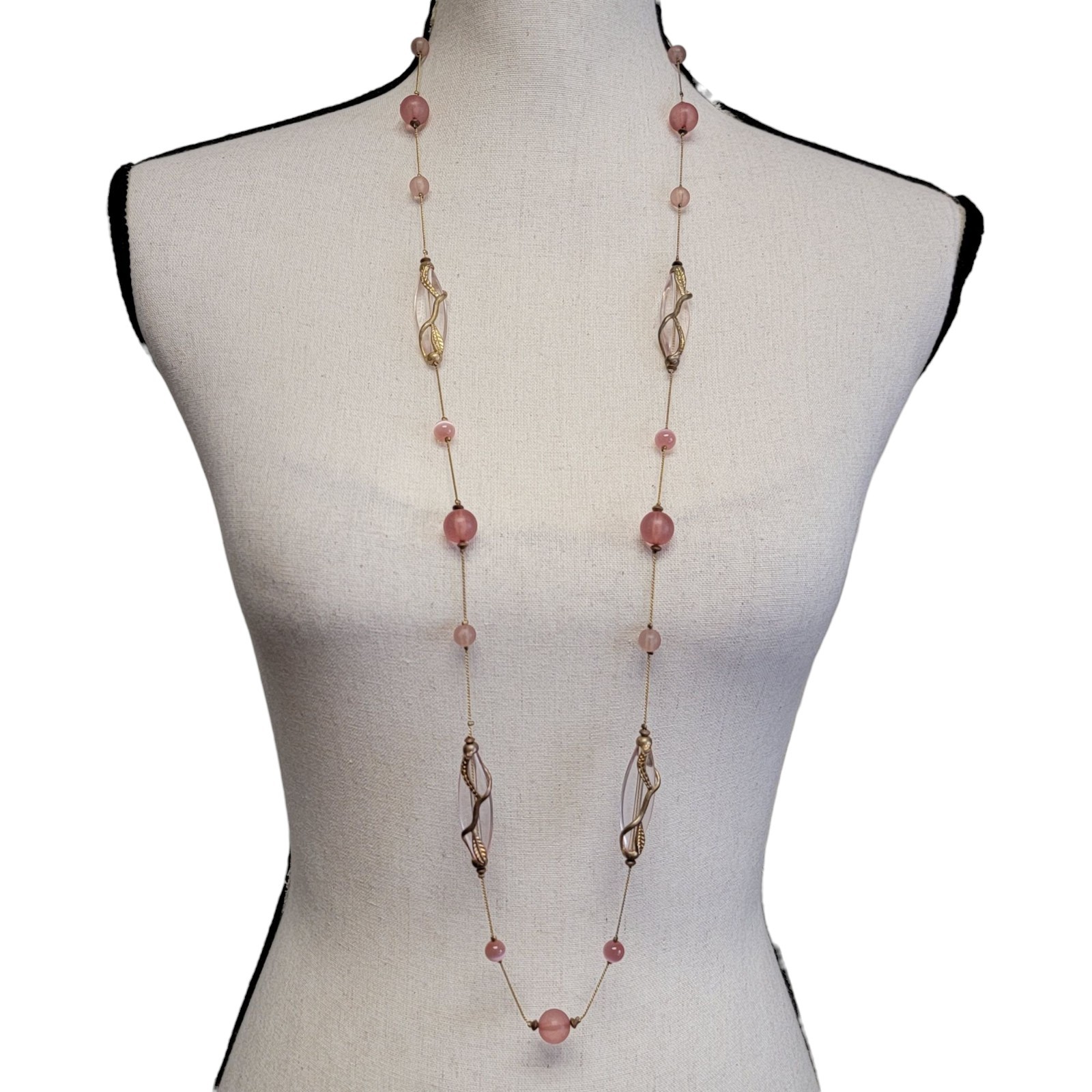 VTG Station Necklace 40″ Pink Gold Tone Beaded Frosted Metal Wrapped Leaves