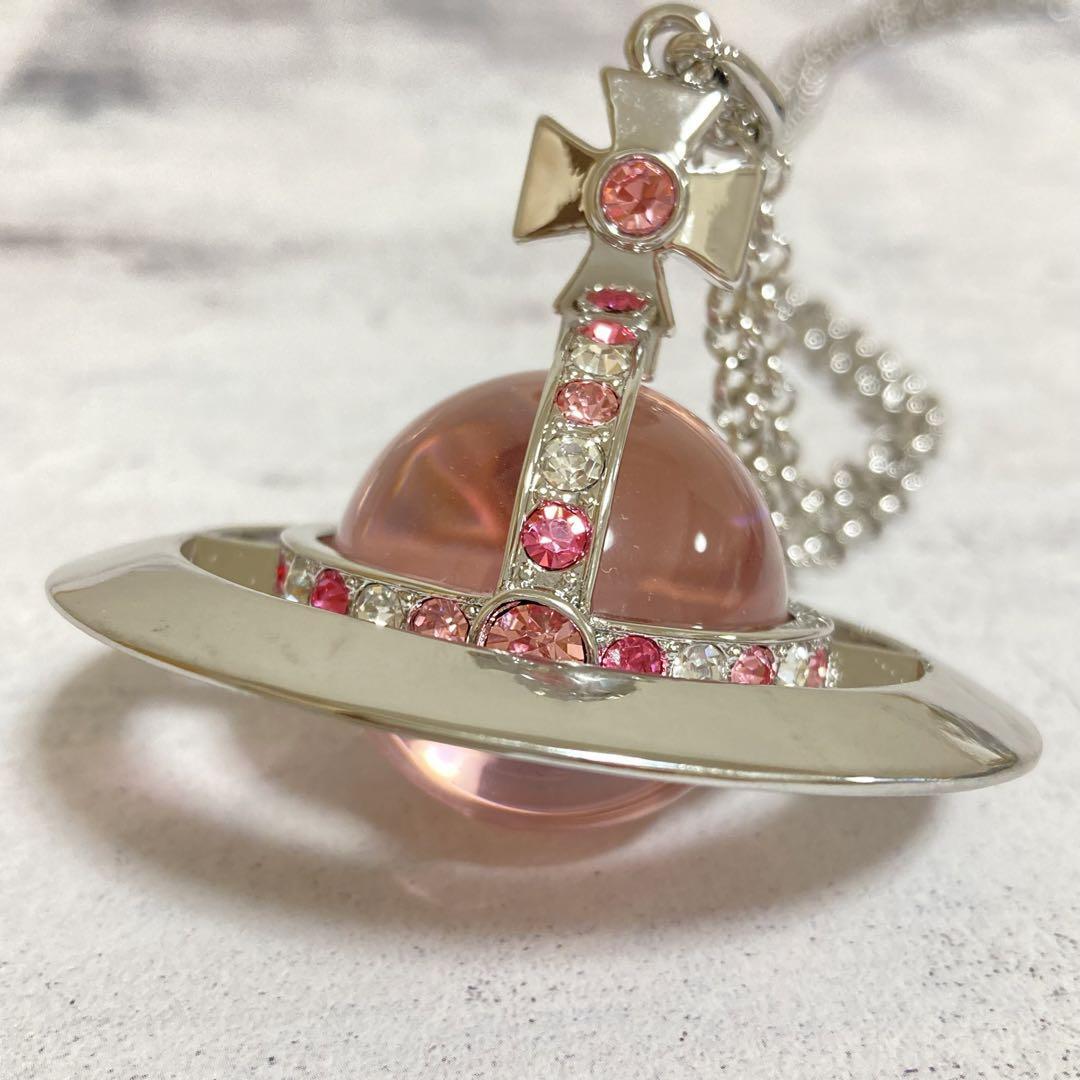 Vivienne Westwood Necklace Medium Orb Pink Silver Top 6.5 x 6cm C:80cm w/drawstr