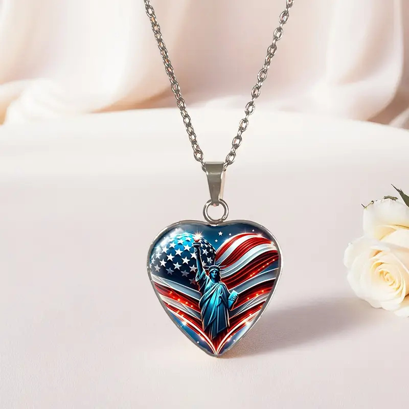 American Flag & Statue of Liberty Heart Shaped Pendant Necklace Jewelry