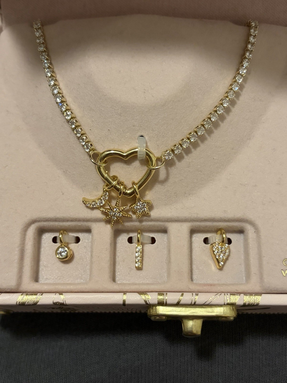 Charm Bar 14KT Gold Plated Crystal Heart Charm Necklace Adjustable 18+2 in