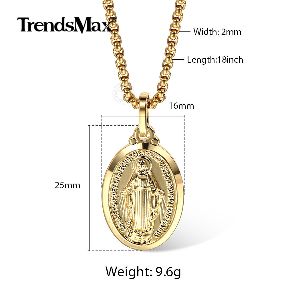 2mm Gold Plated Oval Virgin Mary Charm Pendant Necklace Box Chain Unisex Women