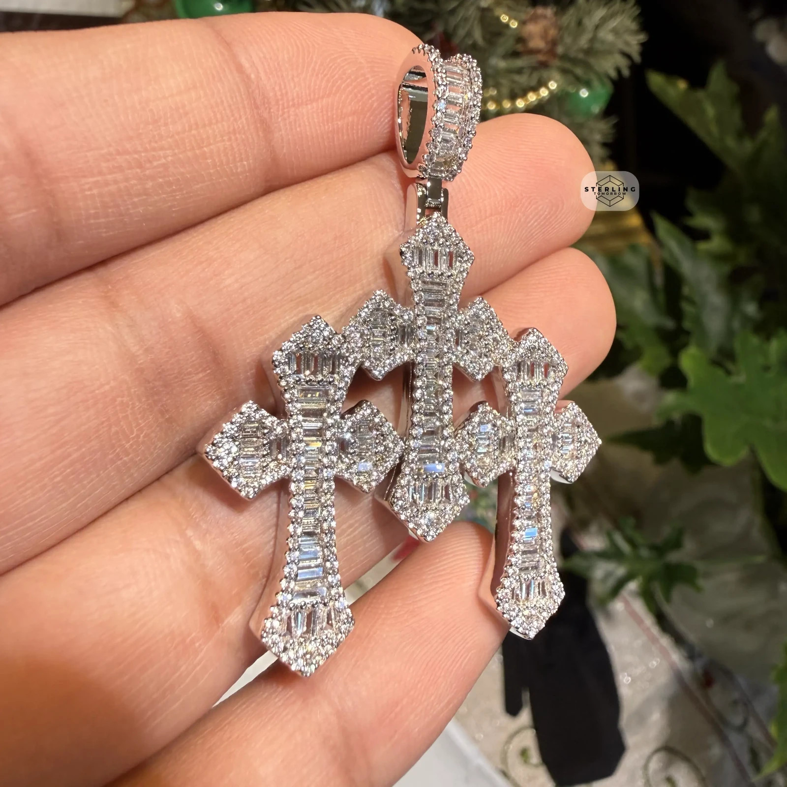 Triple Cross Baguette 14k White Gold Plated Iced Pendant + Steel Rope Chain
