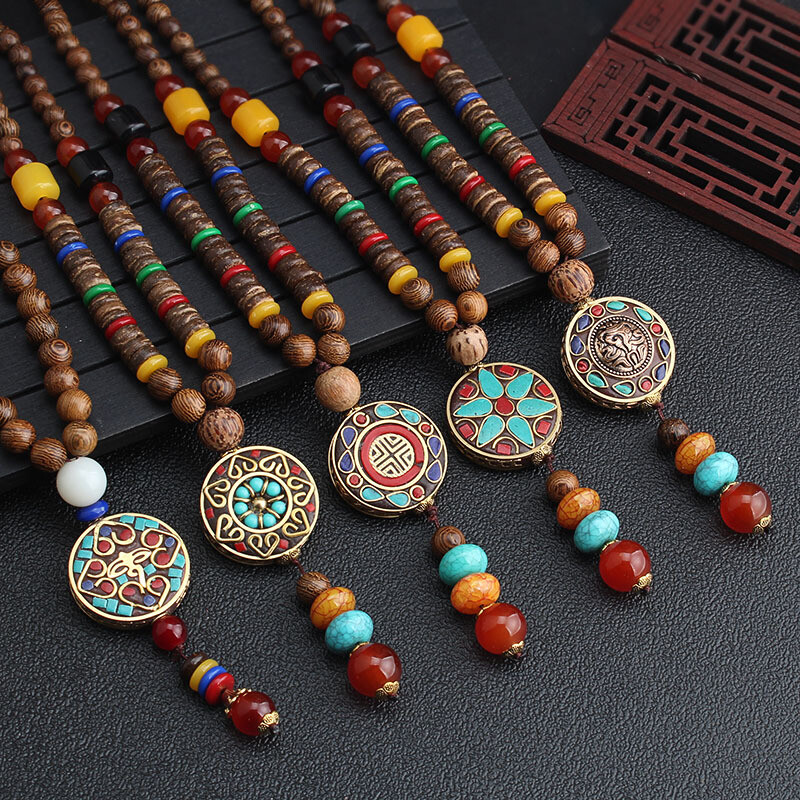 Nepal Long Buddhist Wood Beaded Pendant Necklace Ethnic Buddha Lucky Jewelry