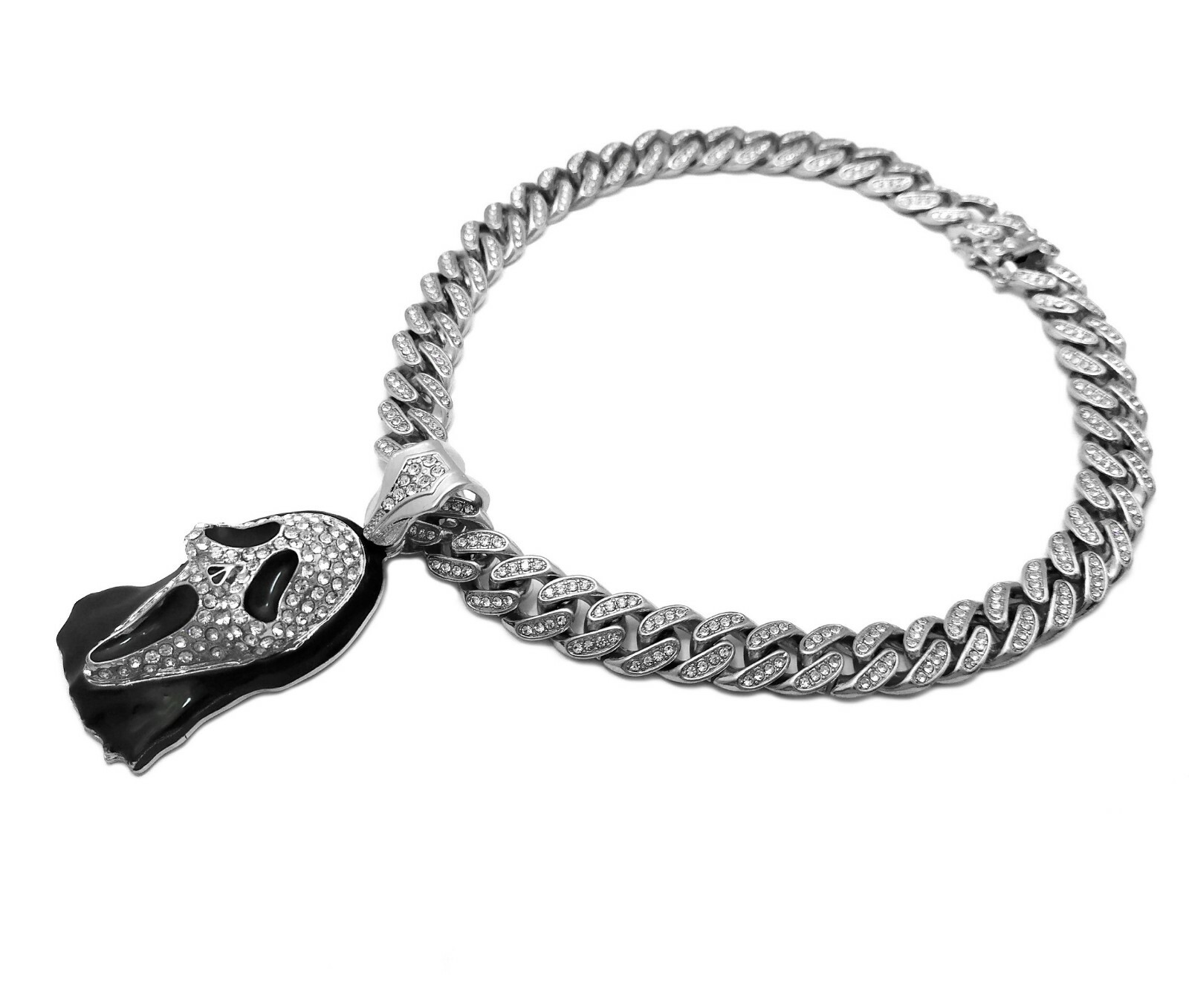 Hip Hop Scream Mask Pendant & 18″ 20″ 24″ Iced Box Lock Cuban Chain Necklace