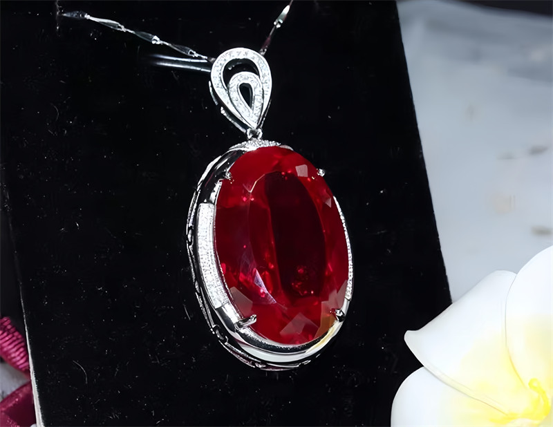 Top Big Oval Pigeon Blood Red Ruby Lab-Created Sterling Silver Pendant Necklace