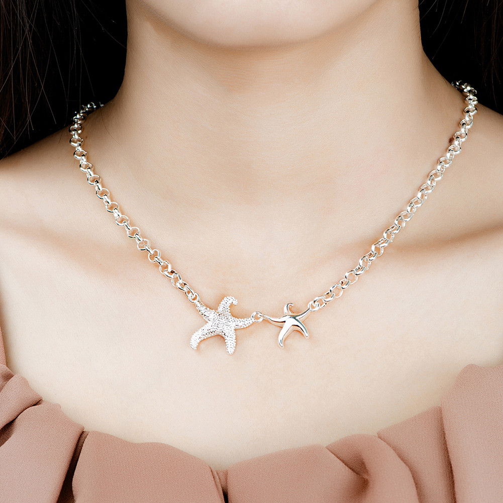 Elegant 925 Sterling Silver Filled SF Sea Stars Pendant Necklace N-A638