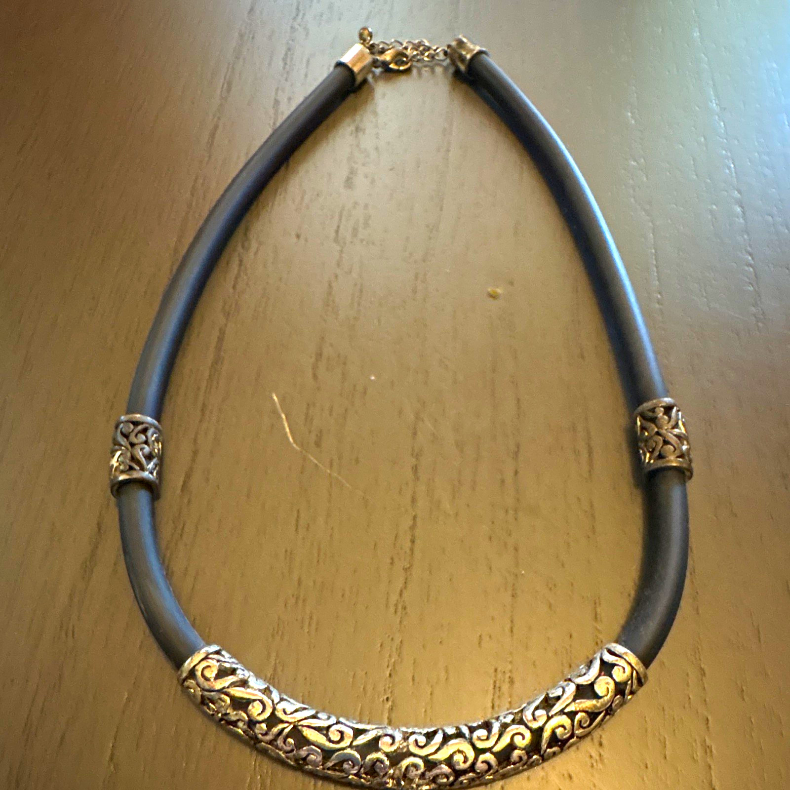 Black Rubber Cord Statement Necklace Silver Tone Filigree Bar Lobster Clasp